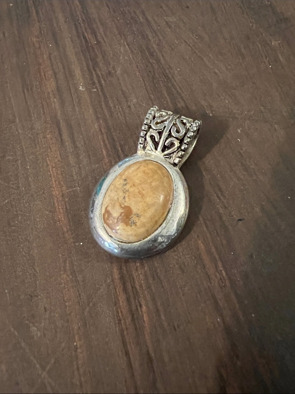 Sterling tone Brown faux Jasper Oval Pendant - Women’s Jewelry
